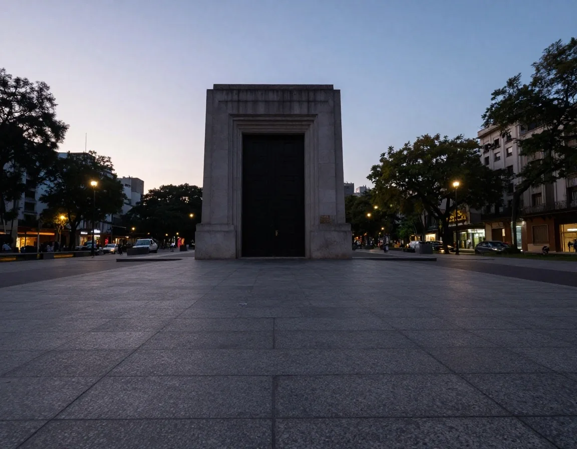 Plaza cívica que lleva a una puerta oscura