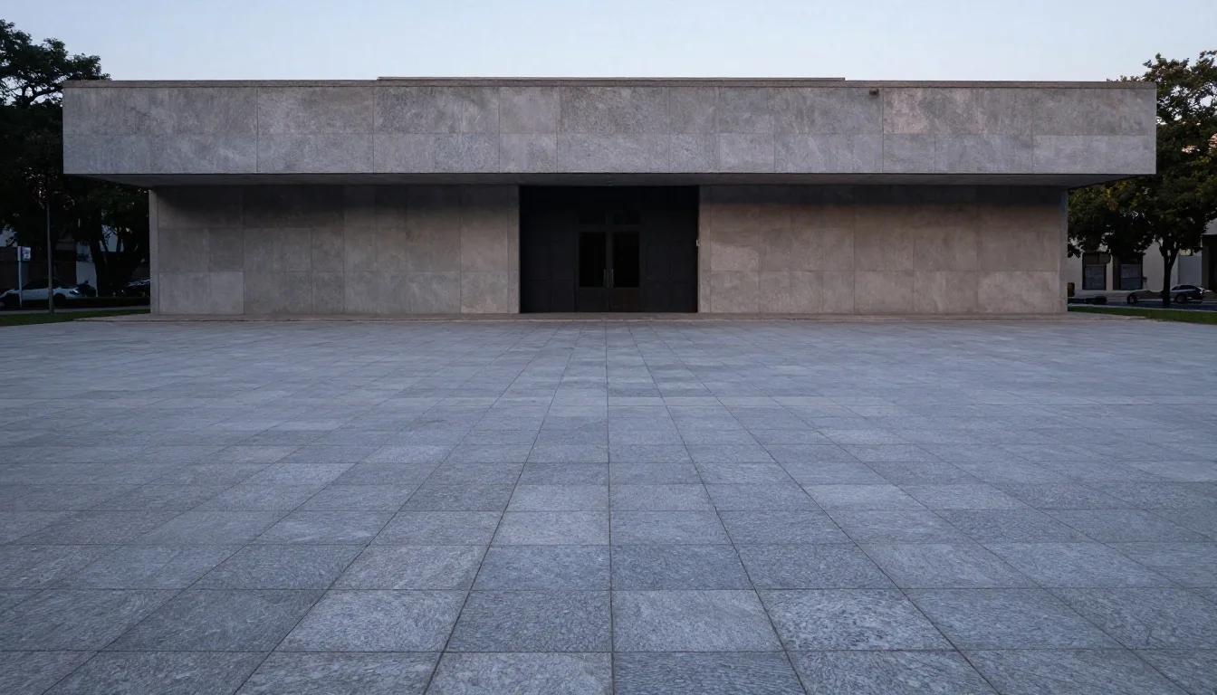 Plaza cívica vacía que lleva a una puerta oscura al atardecer
