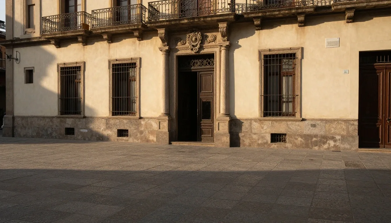 Plaza cívica con pavimento que lleva a una puerta oscura