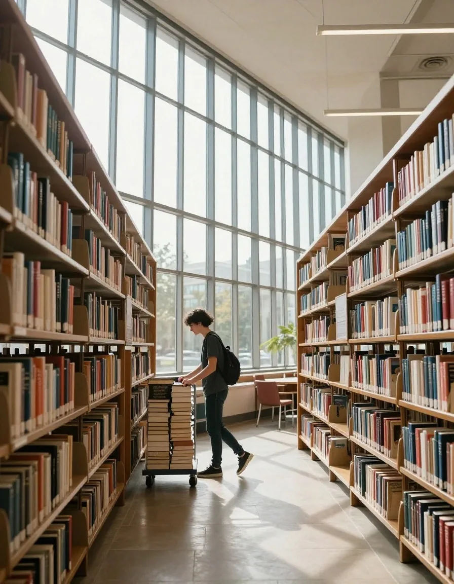 Estudiantes trabajando en biblioteca de campus