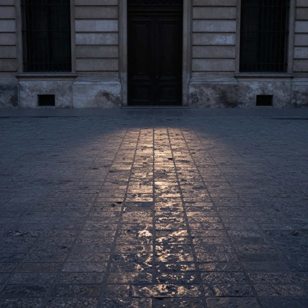 Plaza cívica con pavimento que lleva a una puerta oscura