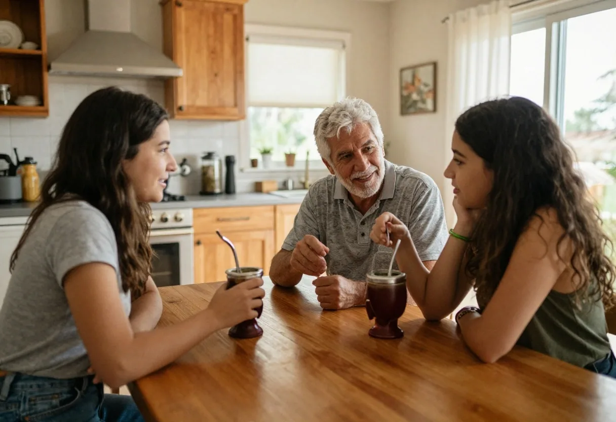 Familia argentina revisando documentos de estudio en la mesa