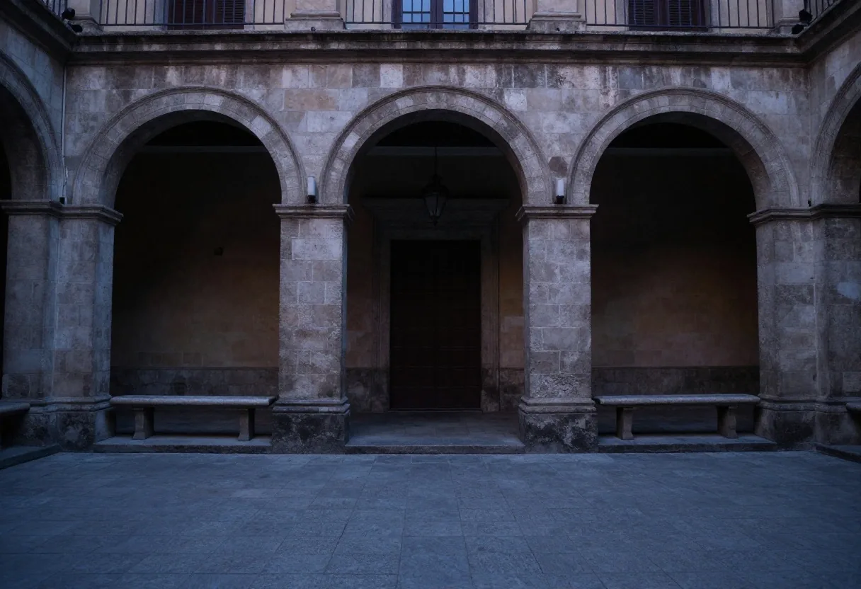 Plaza cívica vacía hacia una puerta oscura al atardecer
