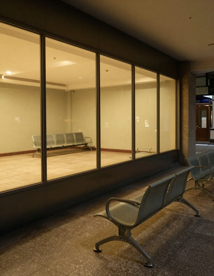 Ventanilla de atención consular con luz lateral sobre vidrio y acero