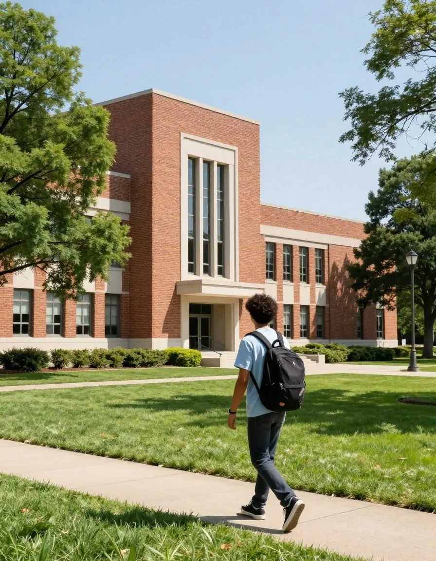 Estudiante caminando hacia edificio universitario en Estados Unidos